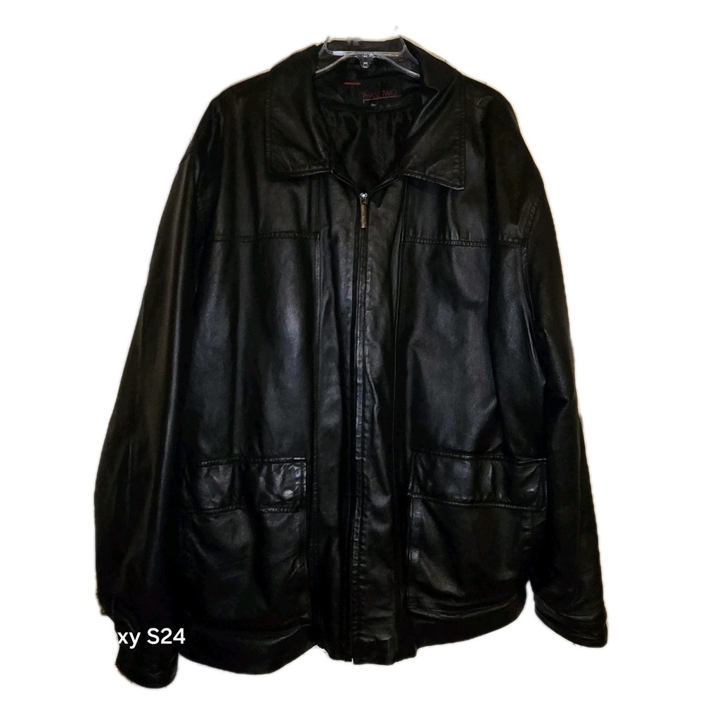 VTG Phase Two‎ Black Leather Jacket Mens 3X Full Zip Lined Collar 5 pocket